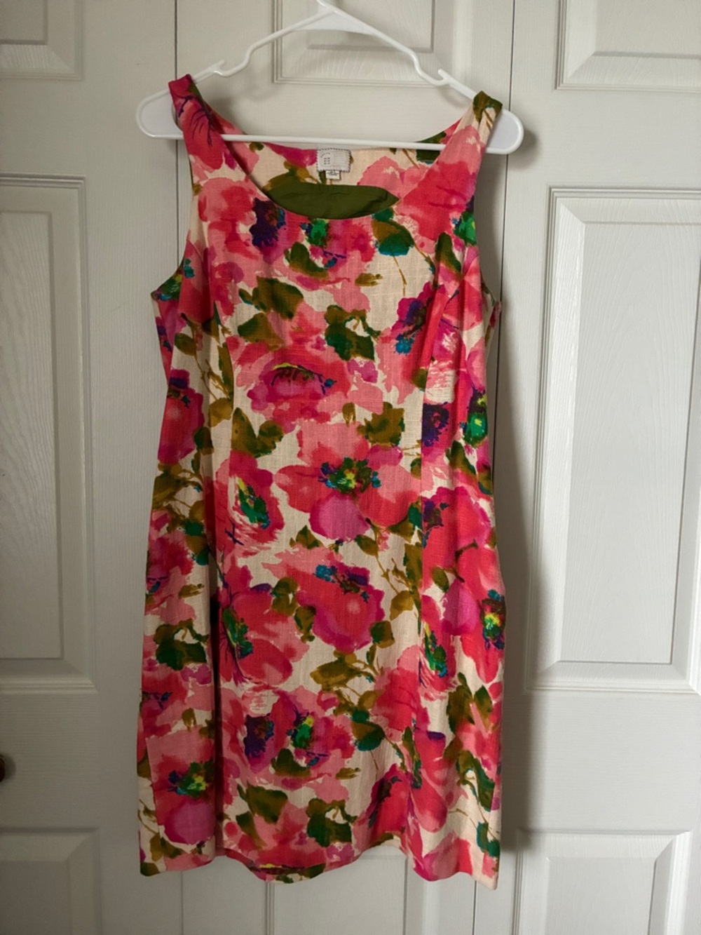 Anthropologie Bright Pink Floral Midi Dress with Green Accents